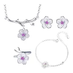 GENERICO - Conjunto Flores Púrpura Plata 925 Collar Aros Pulsera Anillo Lila