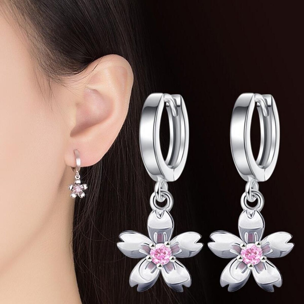 GENERICO - Aros De Flor Rosada Plata 925 Moda Flores Mujer Colgante