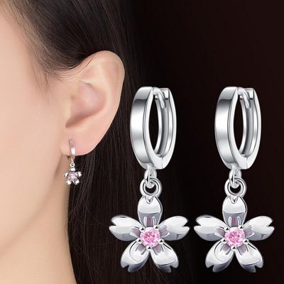 Imagen 2 del producto Aros De Flor Rosada Plata 925 Moda Flores Mujer Colgante