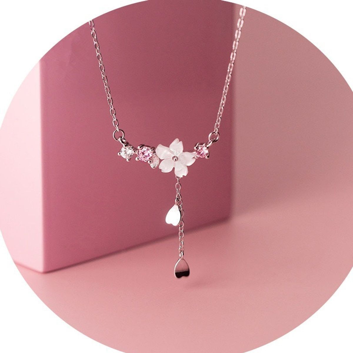 GENERICO - Collar Flor De Cereza Plata 925 Rosado Cute Lindo Rosa