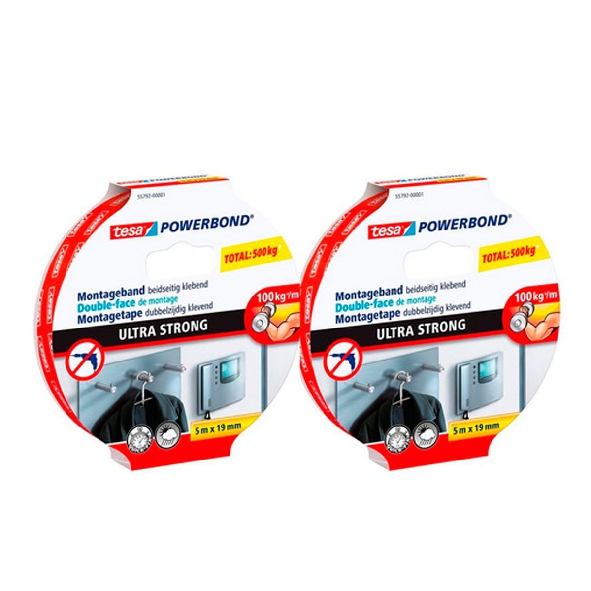 TESA - 2 Cintas Tesa Doble Faz Ultrafuerte, Soporta 500 Kg 5m C/u