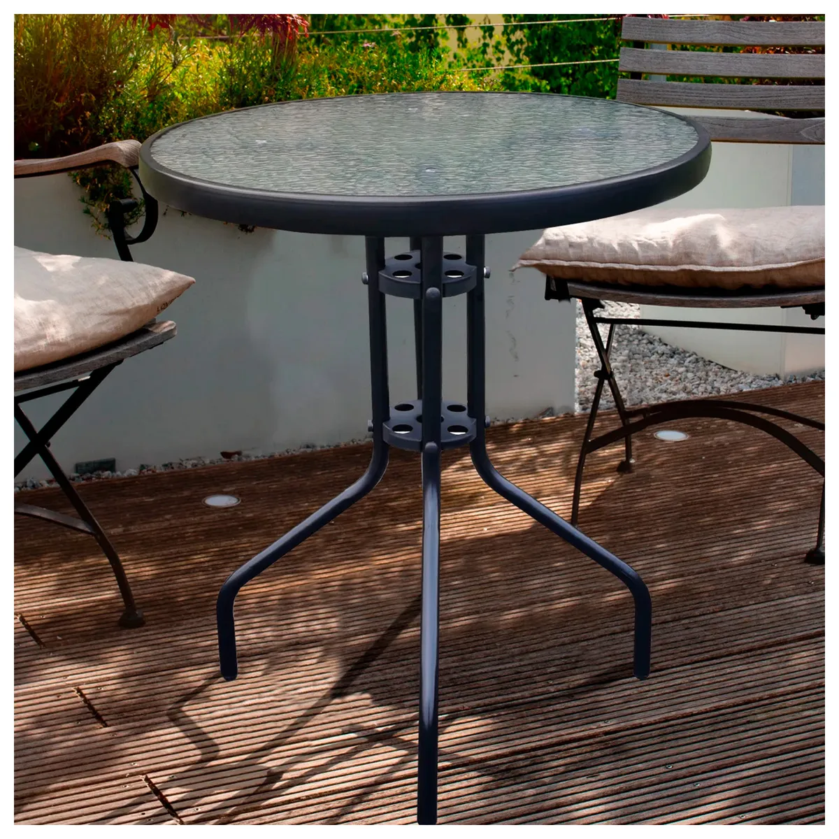 NOVAHUS - Mesa de Terraza de Vidrio y Acero 70x80 cm Negra