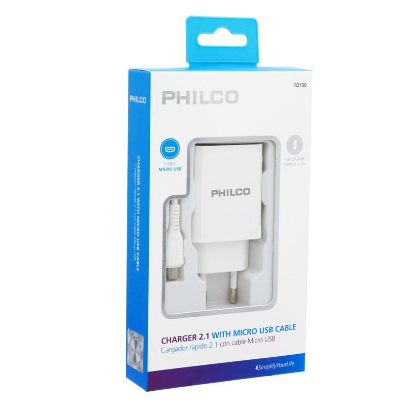 PHILCO - CARGDOR 220 VOLT 2,1 AMPERES DOBLE USB Y CON CABLE PHILCO