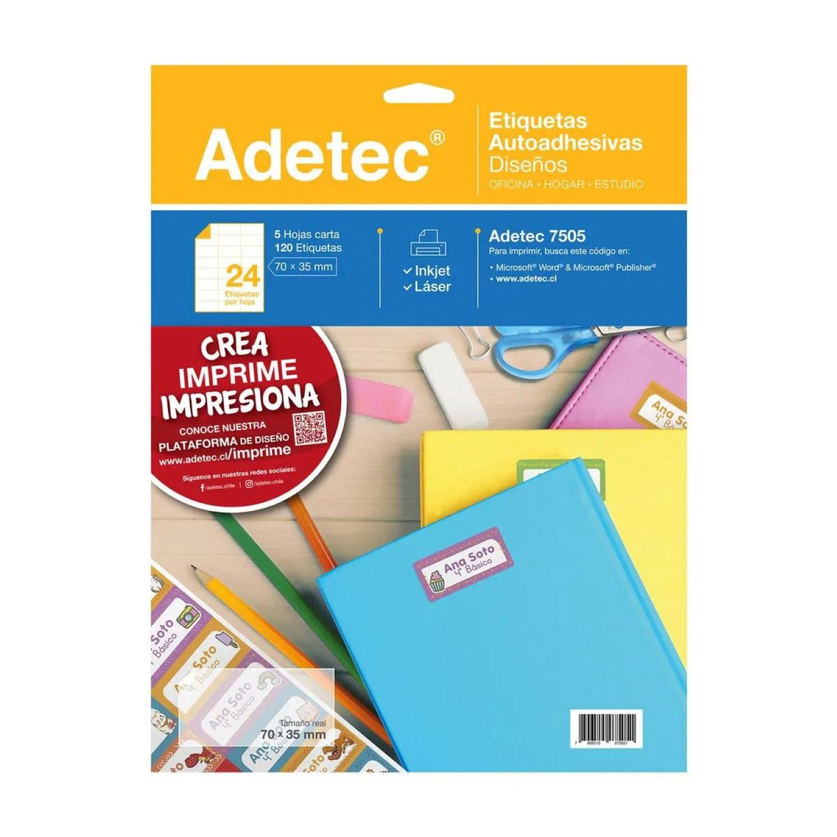 ADETEC - 120 Etiquetas Para Cuadernos/útiles Escolares 70 x 35 mm
