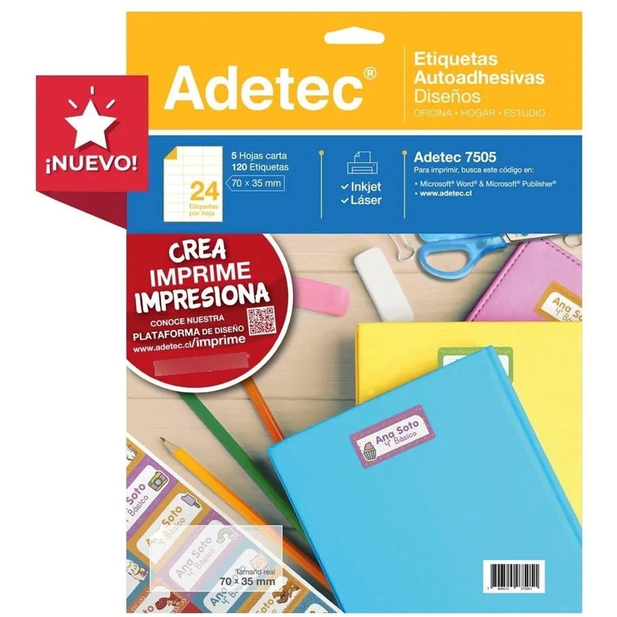 ADETEC - 120 Etiquetas Para Cuadernos/útiles Escolares 70 x 35 mm