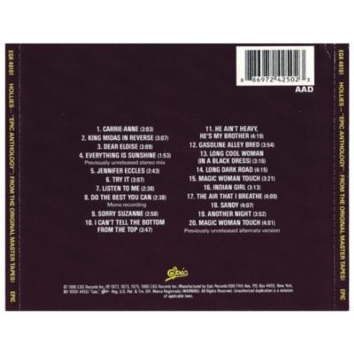 HITWAY MUSIC - THE HOLLIES - EPIC ANTHOLOGY - CD HITWAY MUSIC