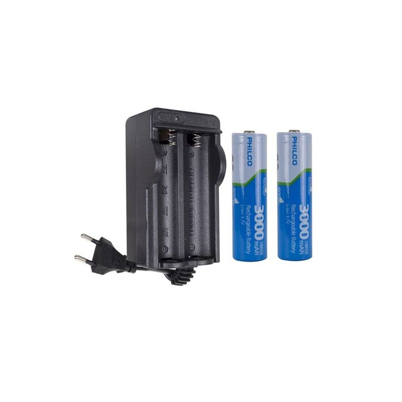 PHILCO - Cargador Doble + Pilas Recargables Litio 18650 3.7v Philco
