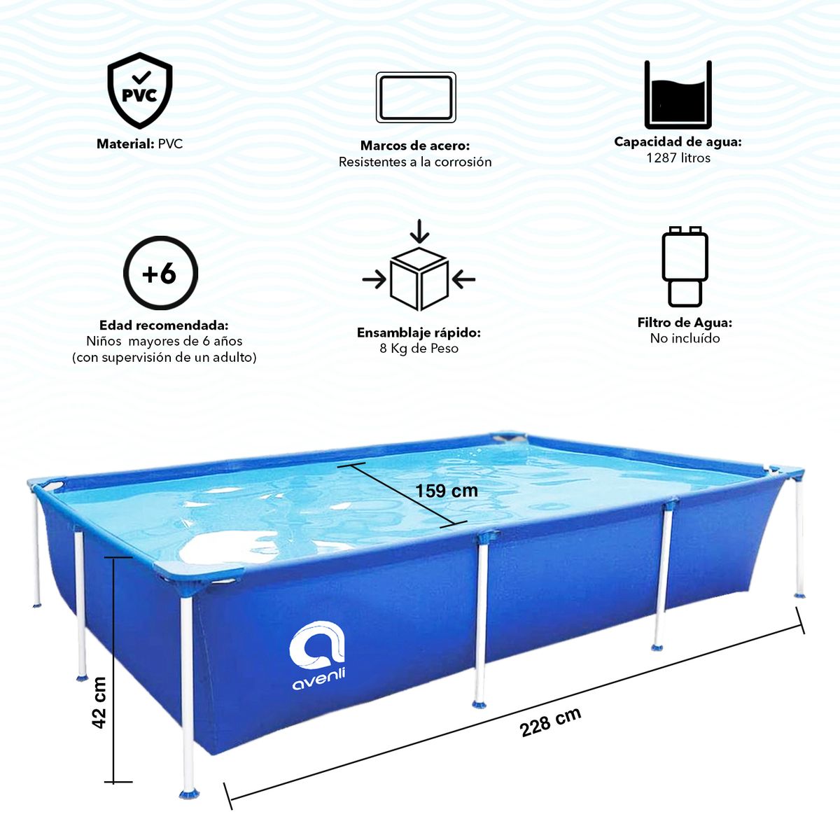 AVENLI - Piscina Rectangular Estructural 1287Lts 42x159x228cm Celeste