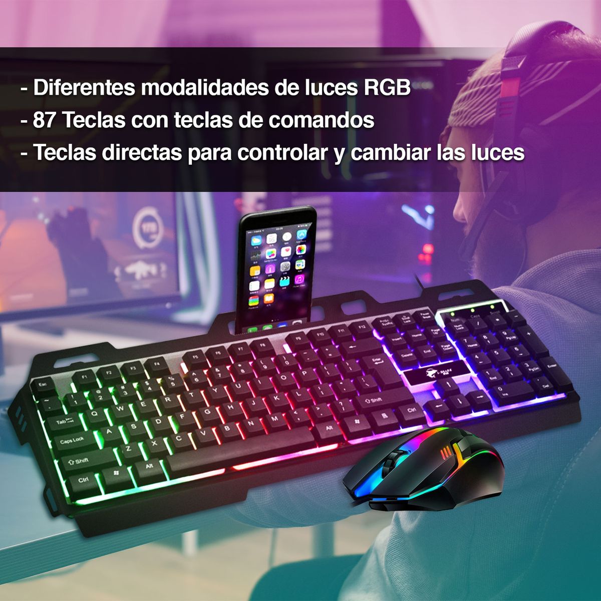 ASIAMERICA - Pack Teclado Metal RGB + Mouse 1600 DPI Gamer Negro