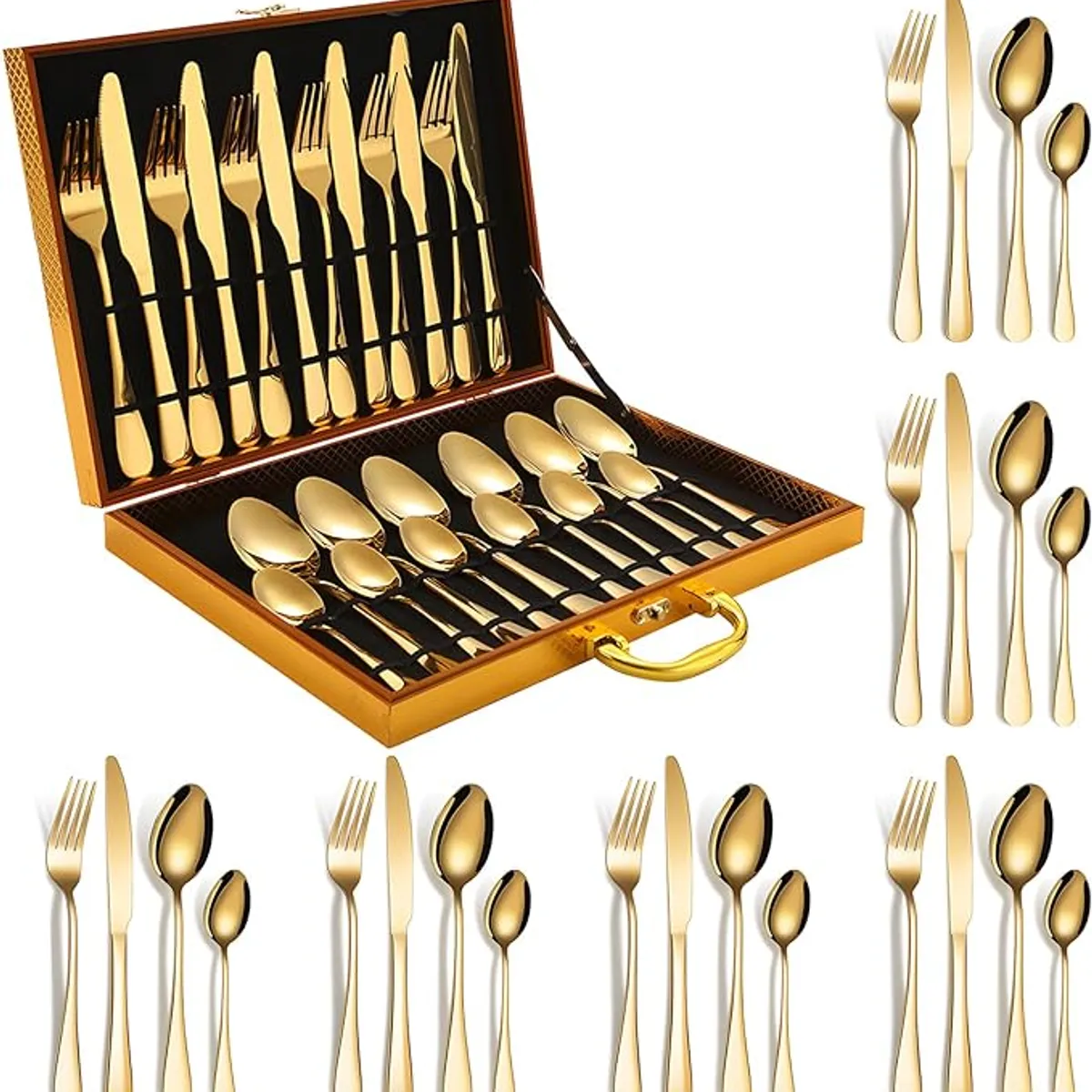 CHEFCHOICE - Juego Cuchilleria 24 Piezas Set Cubiertos Dorados Completo Con Maletin