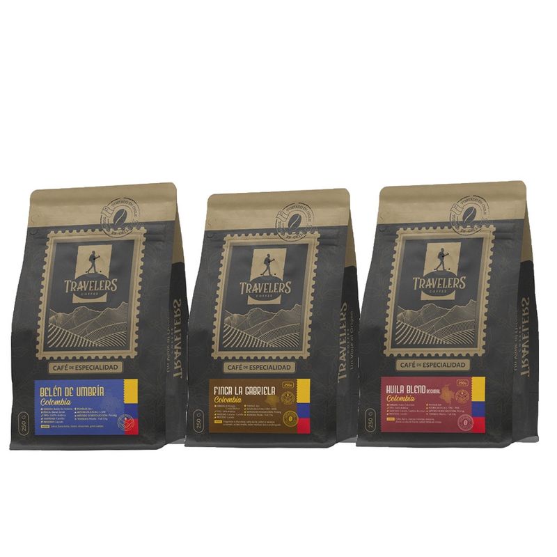 TRAVELERS COFFEE - Packs Café Trilogía de Colombia en grano  250g C/U