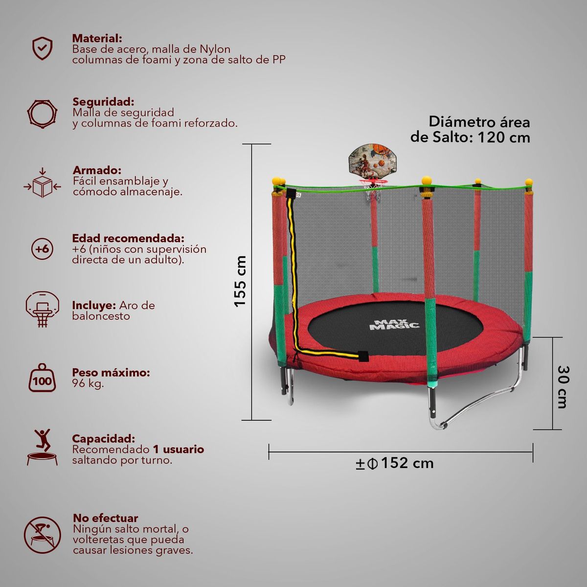 MAX MAGIC - Cama Elástica Trampolín para Niños 5 FT 152 cm