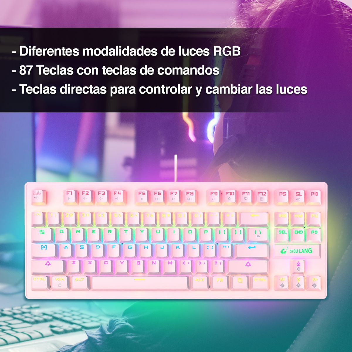 ASIAMERICA - Teclado Mecánico Blue Switch K2 Rosado