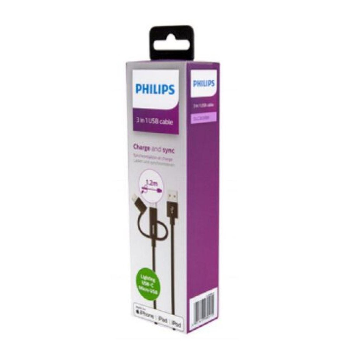 PHILIPS - Cable USB 3 En 1 Mricro USB Tipo C Lightning 0.8M Philips