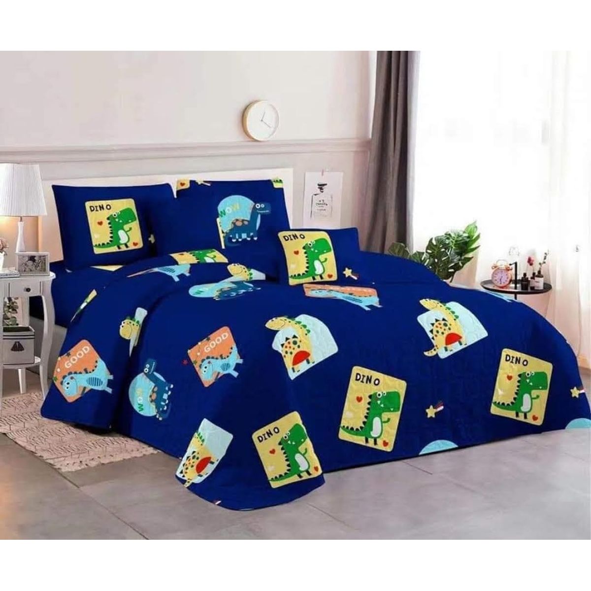 GENERICO - Cobertor de verano Quilt Plaza y Media Dinosaurio azul