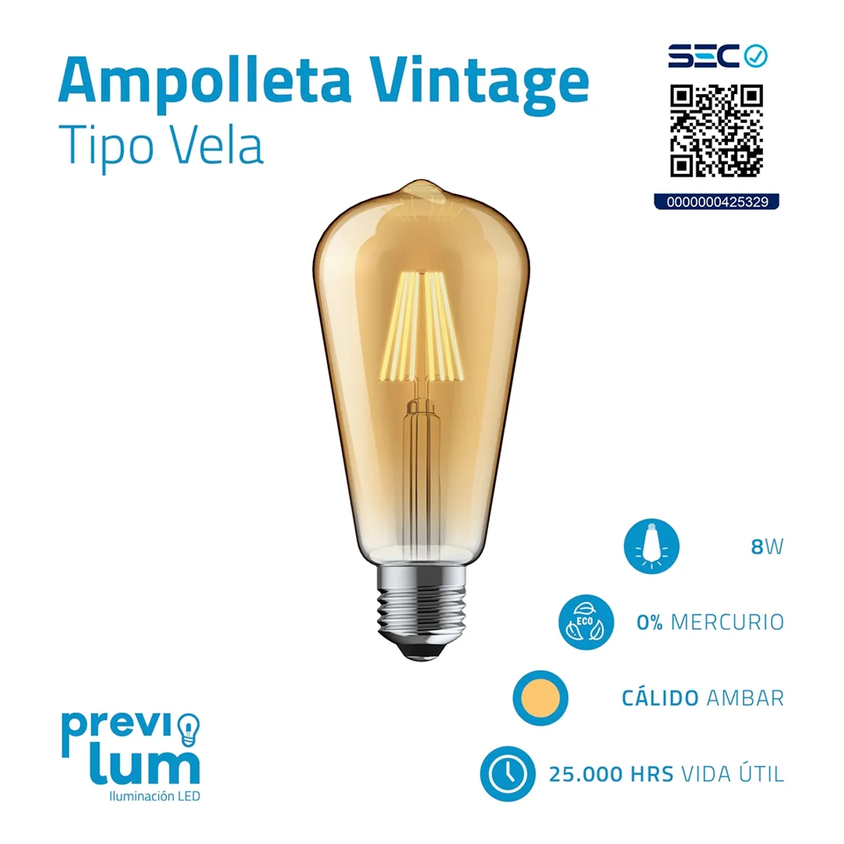 Ampolleta LED Vintage 8W Ambar modelo Edison, marca PREVILUM - Foto Principal