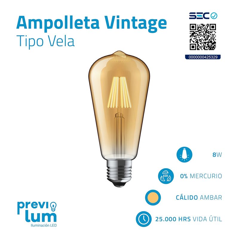 PREVILUM - Ampolleta LED Vintage 8W Ambar modelo Edison