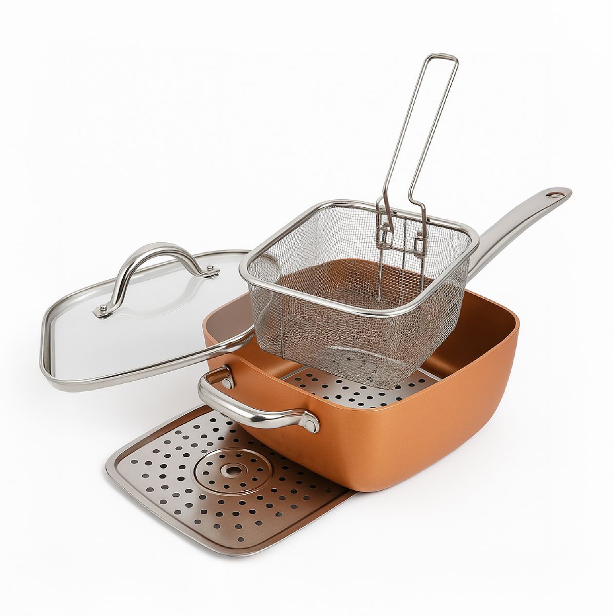 B FRESH - Sartén Cuadrado Antiadherente Cobre Set 4 ollas todo en uno Bfresh