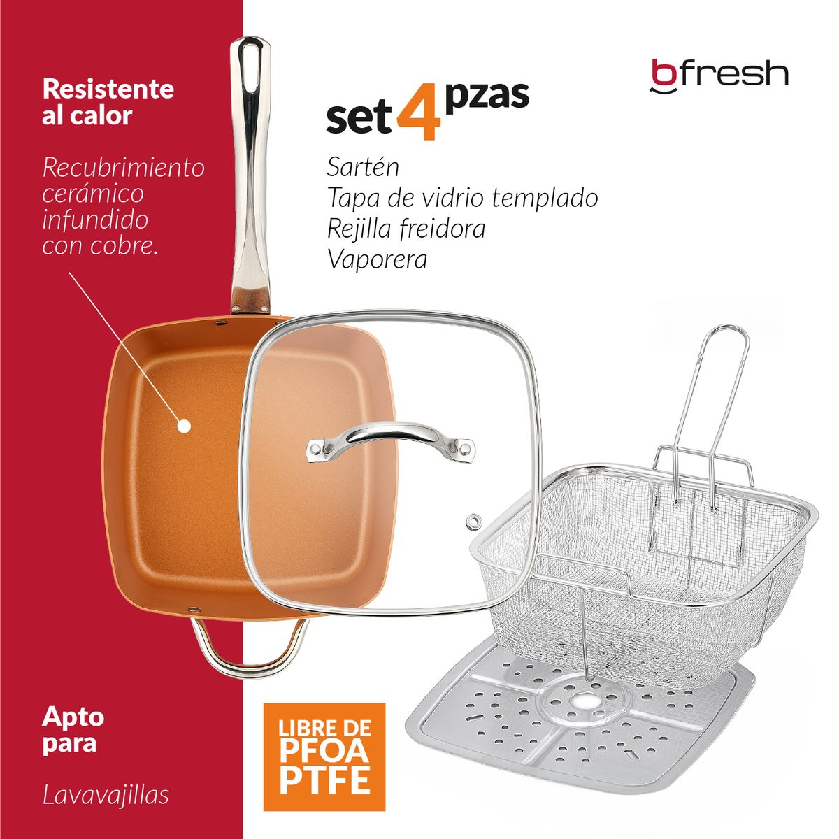 B FRESH - Sartén Cuadrado Antiadherente Cobre Set 4 ollas todo en uno Bfresh