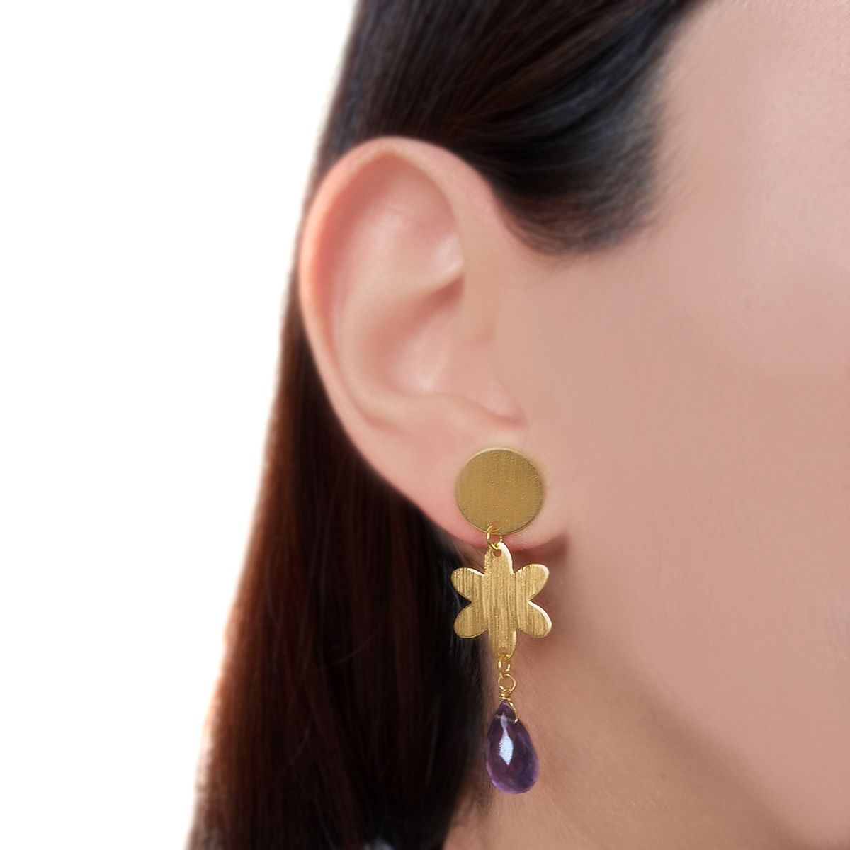 COGGIOLA - Aros Colgante Flor Satinados Amatista Enchapado Oro 18K