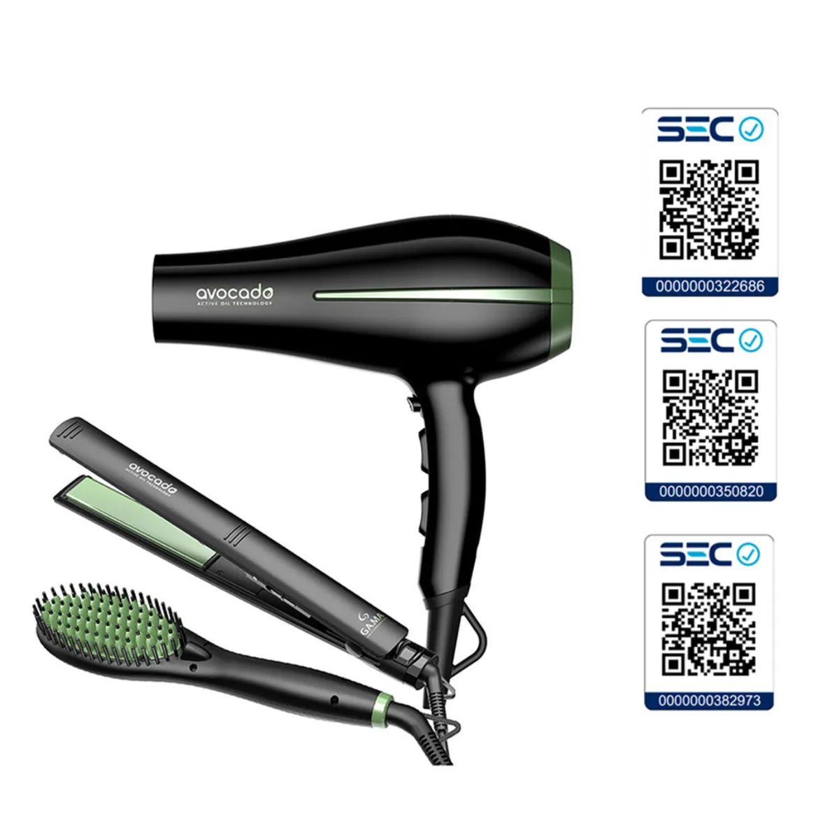 GAMA - Pack Triple  Gama Secador  Bora de Pelo  Alisador y Cepillo Avocado