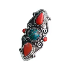 NATKA JOYAS - Anillo Nilo, Turquesa y Coral Rojo Naturales en Plata 925