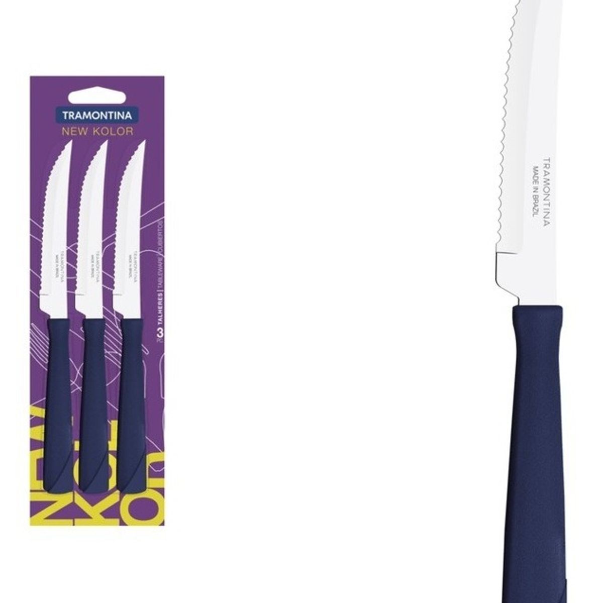 TRAMONTINA - Juego de Cuchillos para Asado Tramontina Azul 3 Piezas New Kolor