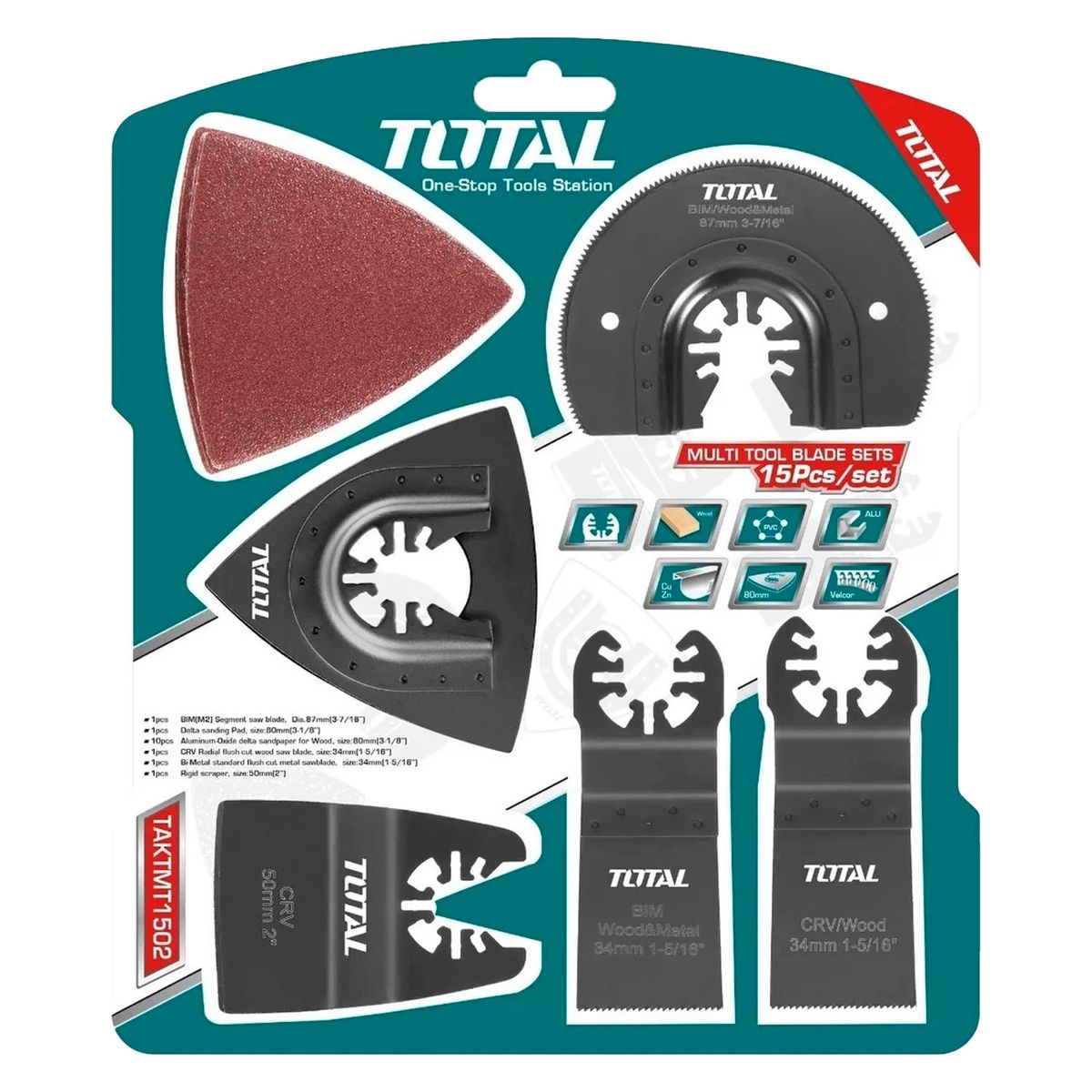 TOTAL TOOLS - Kit Juego De Hojas Multifuncional Oscilante 15 Piezas Total