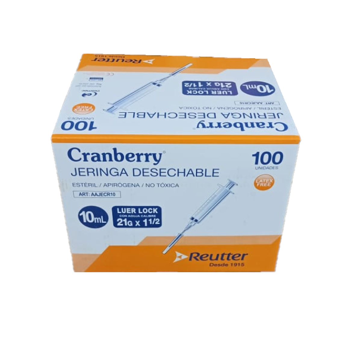 CRANBERRY - Jeringa Con Aguja 10ml Cranberry Luer Lock 21gx1 1/2 100 Un