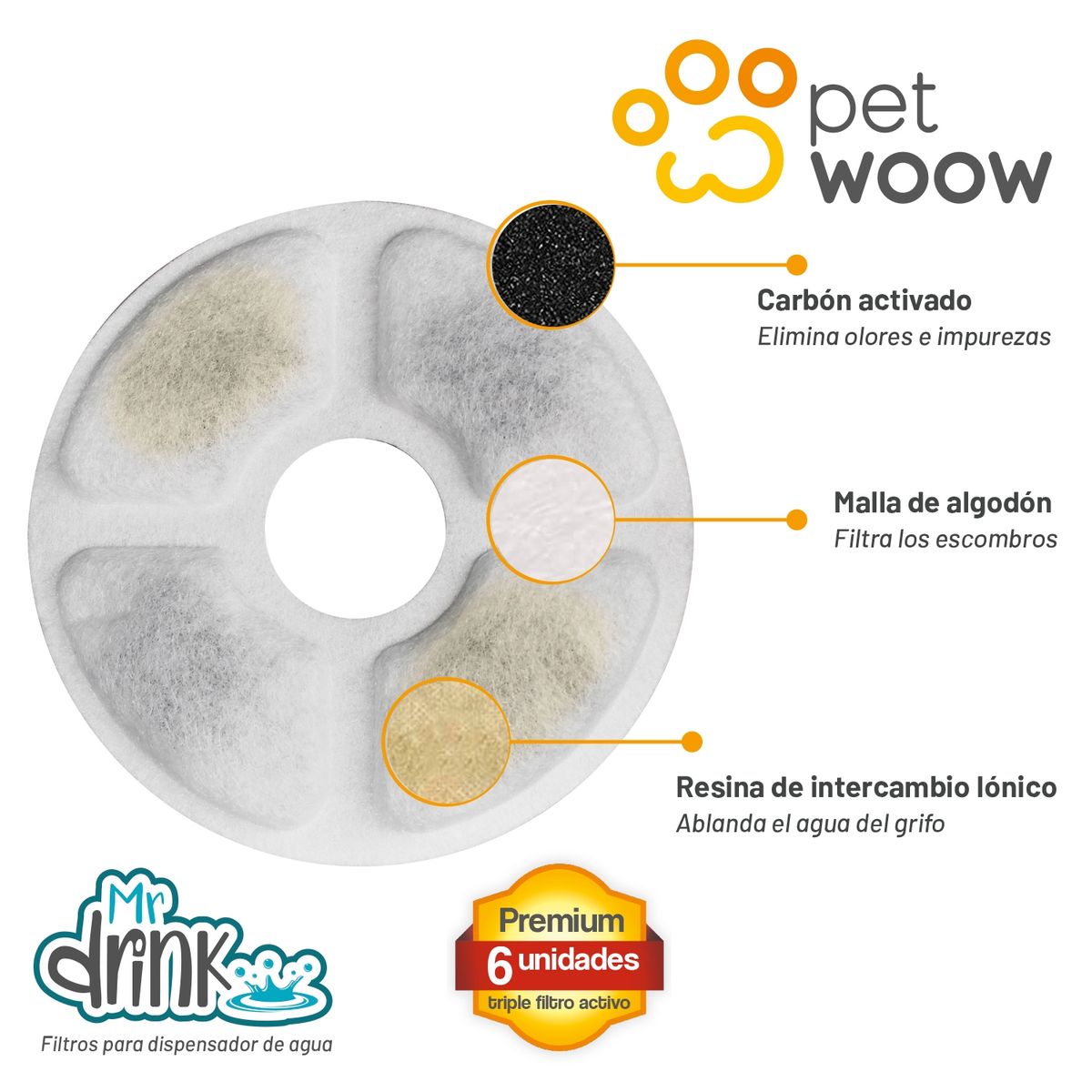 PETWOOW - Pack 6 filtros dispensador agua mascota perro y gato petwoow