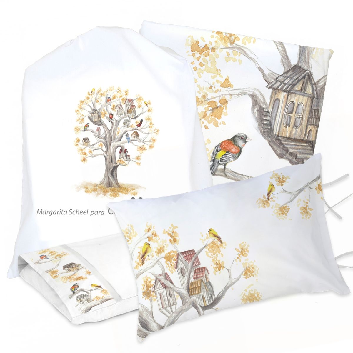 MARGARITA SCHEEL BY CASA ALVARINHO - JUEGO DE CAMA FUNDA DE PLUMÓN + SABANA BAJERA +2 FUNDAS ALMOHADA ARBOLITO 1,5 PLAZAS