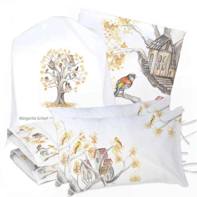 MARGARITA SCHEEL BY CASA ALVARINHO - JUEGO DE CAMA FUNDA DE PLUMÓN + SABANA BAJERA + 4 FUNDAS ALMOHADA ARBOLITO KING