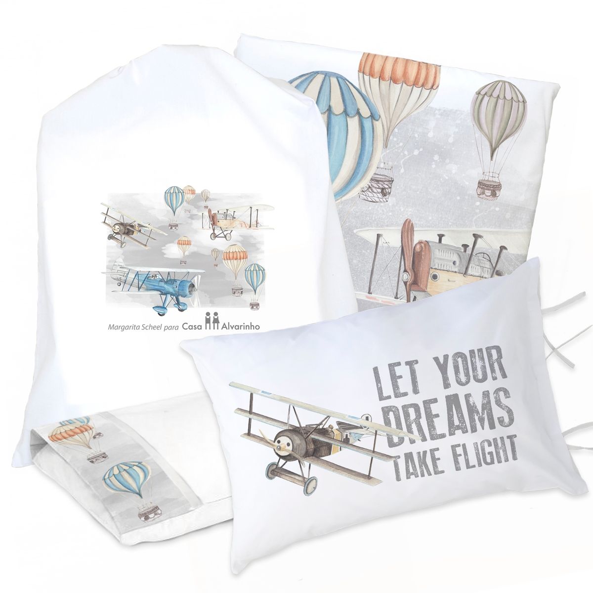 MARGARITA SCHEEL BY CASA ALVARINHO - JUEGO DE CAMA FUNDA DE PLUMÓN + SABANA BAJERA +2 FUNDAS ALMOHADA AVIONES Y GLOBOS 1 PLAZA