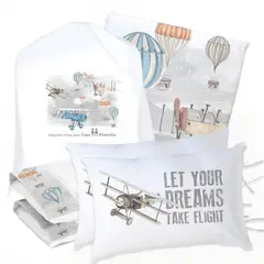 MARGARITA SCHEEL BY CASA ALVARINHO - JUEGO DE CAMA FUNDA DE PLUMÓN + SABANA BAJERA + 4 FUNDAS ALMOHADA AVIONES Y GLOBOS 2 PLAZAS