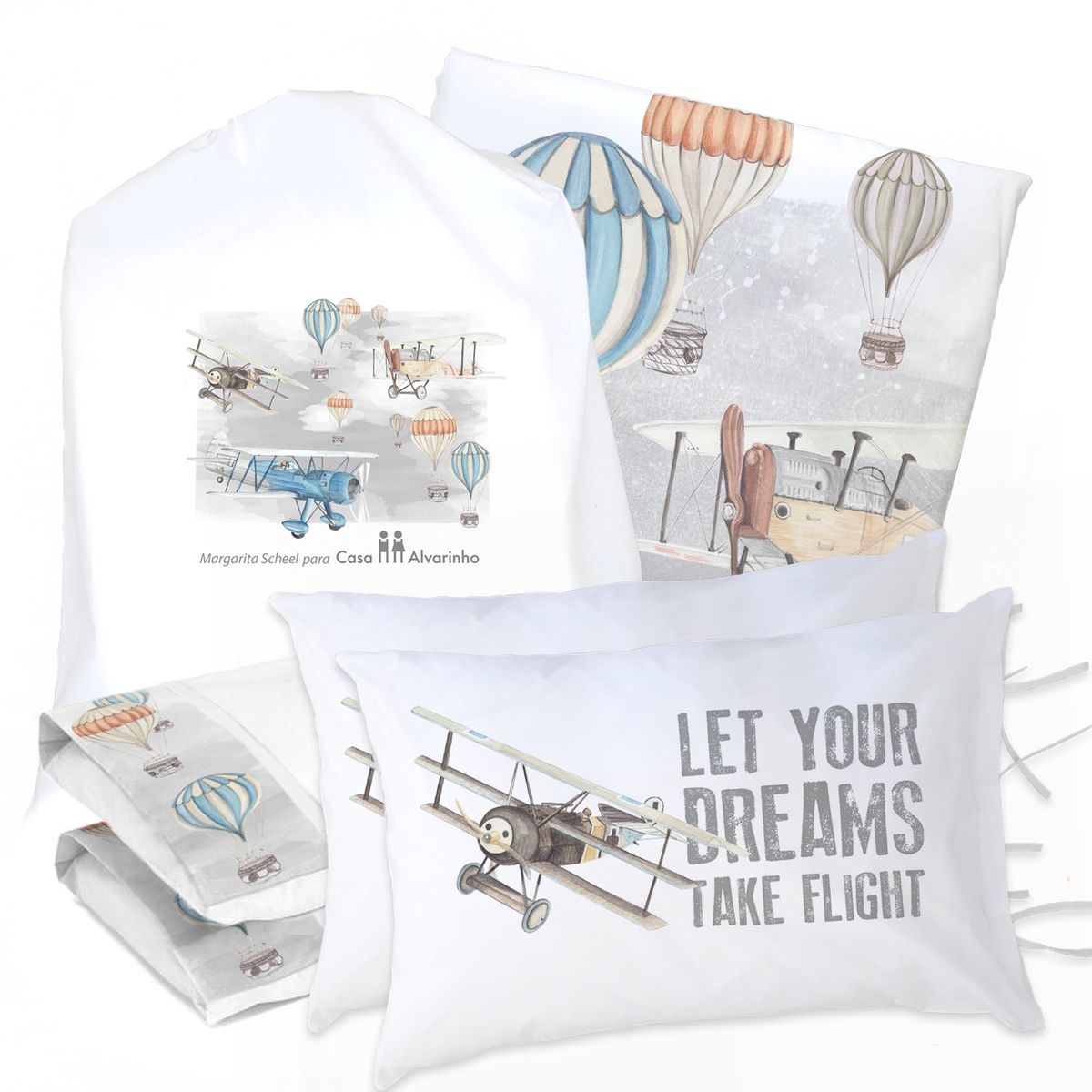 MARGARITA SCHEEL BY CASA ALVARINHO - JUEGO DE CAMA FUNDA DE PLUMÓN + SABANA BAJERA + 4 FUNDAS ALMOHADA AVIONES Y GLOBOS KING