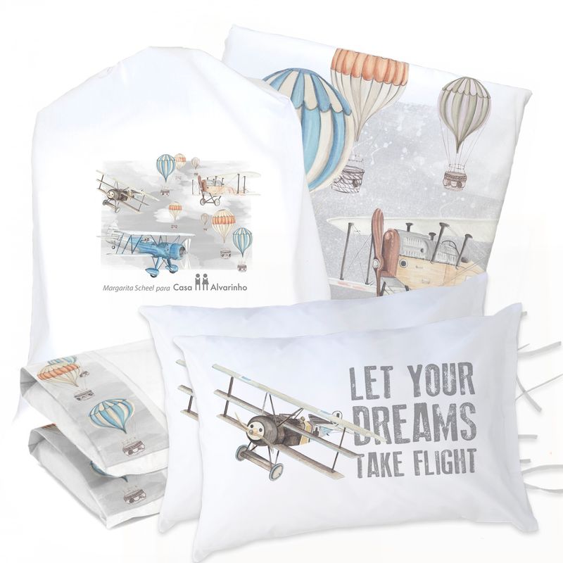 MARGARITA SCHEEL BY CASA ALVARINHO - JUEGO DE CAMA FUNDA DE PLUMÓN + SABANA BAJERA + 4 FUNDAS ALMOHADA AVIONES Y GLOBOS SUPER KING