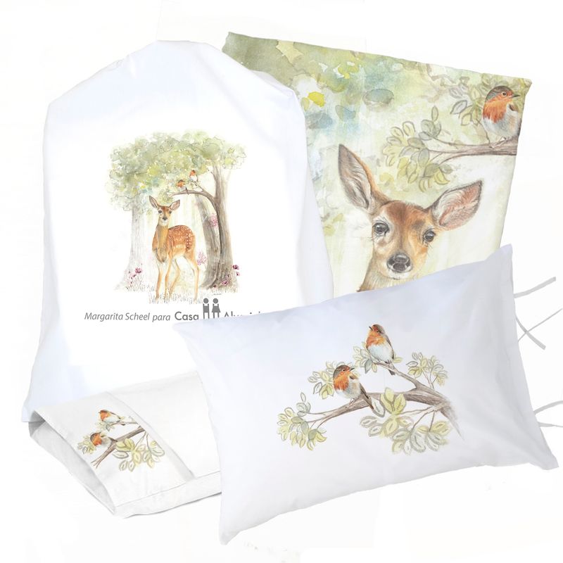 MARGARITA SCHEEL BY CASA ALVARINHO - JUEGO DE CAMA FUNDA DE PLUMÓN + SABANA BAJERA +2 FUNDAS ALMOHADA BAMBI BOSQUE 1 PLAZA