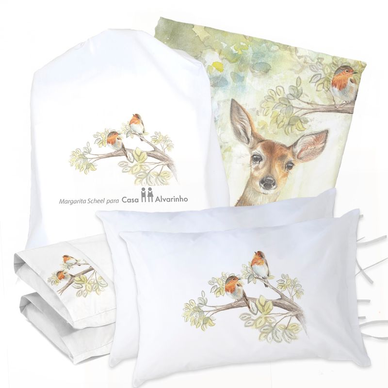 MARGARITA SCHEEL BY CASA ALVARINHO - JUEGO DE CAMA FUNDA DE PLUMÓN + SABANA BAJERA + 4 FUNDAS ALMOHADA BAMBI BOSQUE 2 PLAZAS