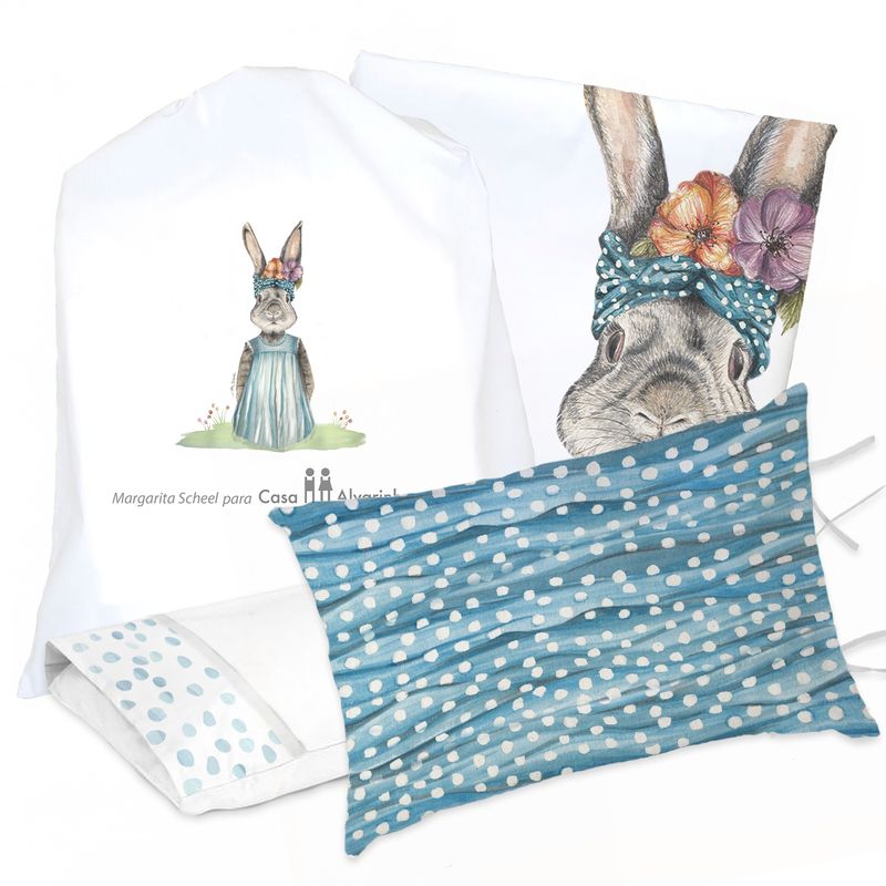 MARGARITA SCHEEL BY CASA ALVARINHO - JUEGO DE CAMA FUNDA DE PLUMÓN + SABANA BAJERA +2 FUNDAS ALMOHADA CONEJA FLORA 1,5 PLAZAS