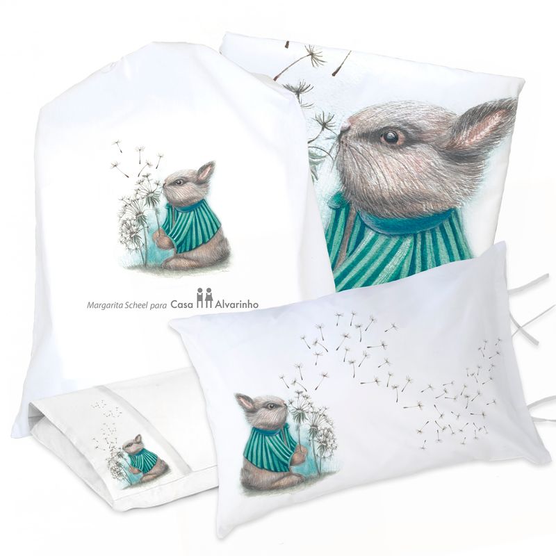 MARGARITA SCHEEL BY CASA ALVARINHO - JUEGO DE CAMA FUNDA DE PLUMÓN + SABANA BAJERA +2 FUNDAS ALMOHADA CONEJO PIDE UN DESEO 1 PLAZA