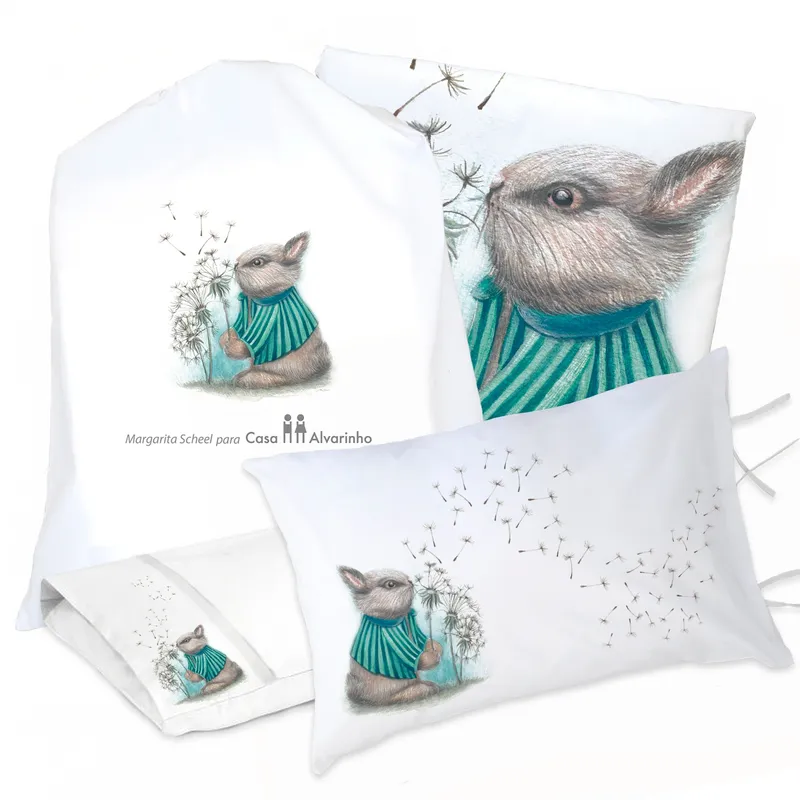 MARGARITA SCHEEL BY CASA ALVARINHO - JUEGO DE CAMA FUNDA DE PLUMÓN + SABANA BAJERA +2 FUNDAS ALMOHADA CONEJO PIDE UN DESEO 1,5 PLAZAS