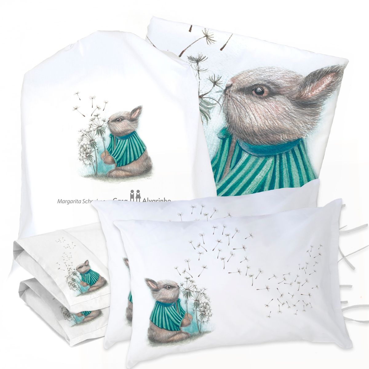 MARGARITA SCHEEL BY CASA ALVARINHO - JUEGO DE CAMA FUNDA DE PLUMÓN + SABANA BAJERA + 4 FUNDAS ALMOHADA CONEJO PIDE UN DESEO 2 PLAZAS