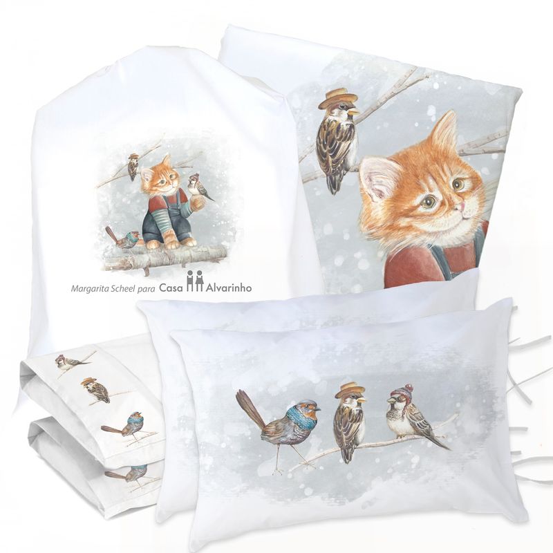 MARGARITA SCHEEL BY CASA ALVARINHO - JUEGO DE CAMA FUNDA DE PLUMÓN + SABANA BAJERA + 4 FUNDAS ALMOHADA GATITO Y AMIGOS 2 PLAZAS