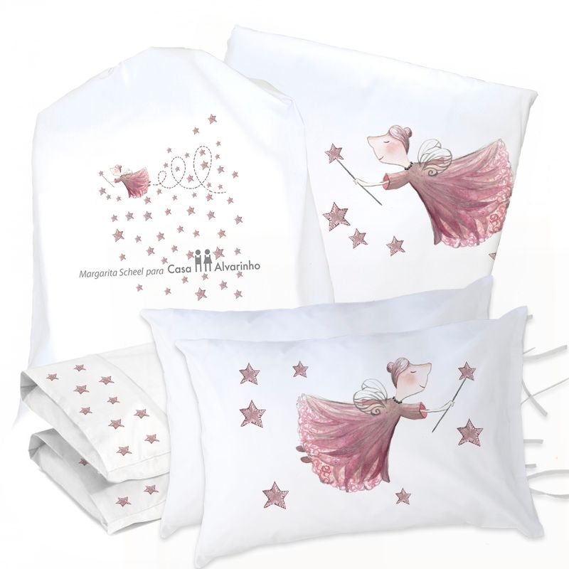 MARGARITA SCHEEL BY CASA ALVARINHO - JUEGO DE CAMA FUNDA DE PLUMÓN + SABANA BAJERA + 4 FUNDAS ALMOHADA HADA KING