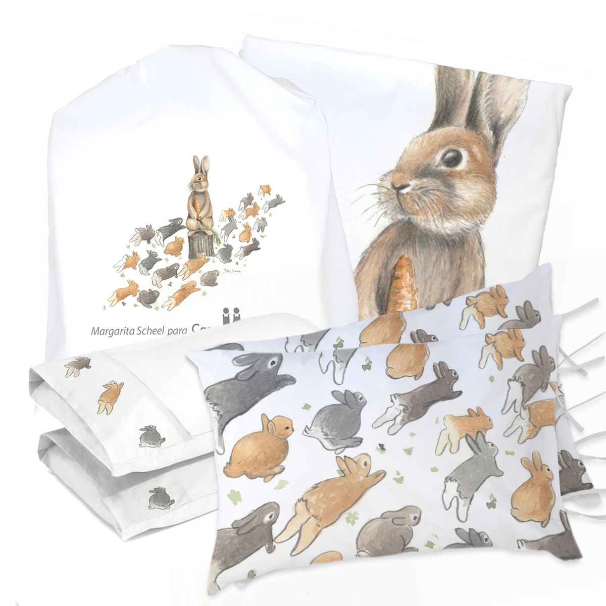 MARGARITA SCHEEL BY CASA ALVARINHO - JUEGO DE CAMA FUNDA DE PLUMÓN + SABANA BAJERA + 4 FUNDAS ALMOHADA PEDRO RABBIT 2 PLAZAS