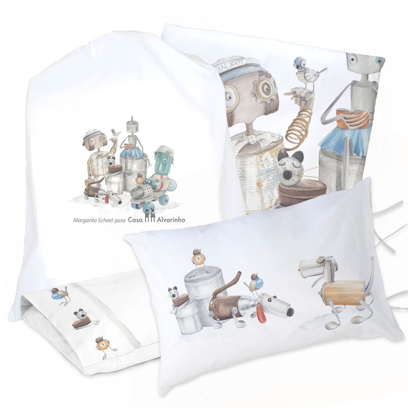 MARGARITA SCHEEL BY CASA ALVARINHO - JUEGO DE CAMA FUNDA DE PLUMÓN + SABANA BAJERA +2 FUNDAS ALMOHADA ROBOTS 1,5 PLAZAS
