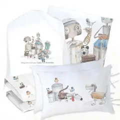 MARGARITA SCHEEL BY CASA ALVARINHO - JUEGO DE CAMA FUNDA DE PLUMÓN + SABANA BAJERA + 4 FUNDAS ALMOHADA ROBOTS 2 PLAZAS