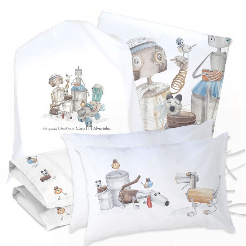 MARGARITA SCHEEL BY CASA ALVARINHO - JUEGO DE CAMA FUNDA DE PLUMÓN + SABANA BAJERA + 4 FUNDAS ALMOHADA ROBOTS SUPER KING