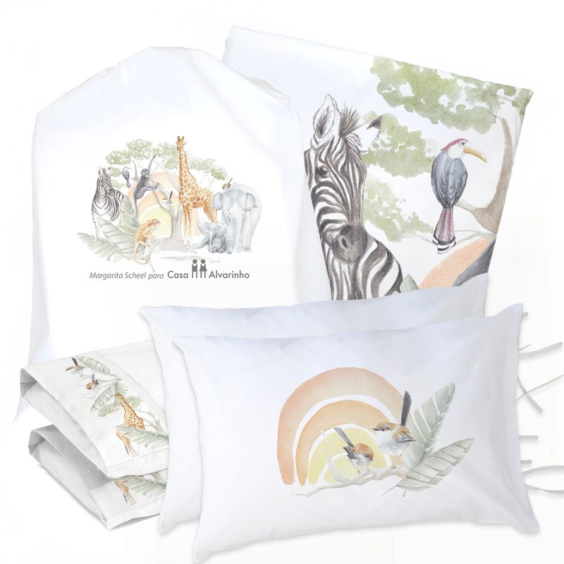 MARGARITA SCHEEL BY CASA ALVARINHO - JUEGO DE CAMA FUNDA DE PLUMÓN + SABANA BAJERA + 4 FUNDAS ALMOHADA SAFARI KING
