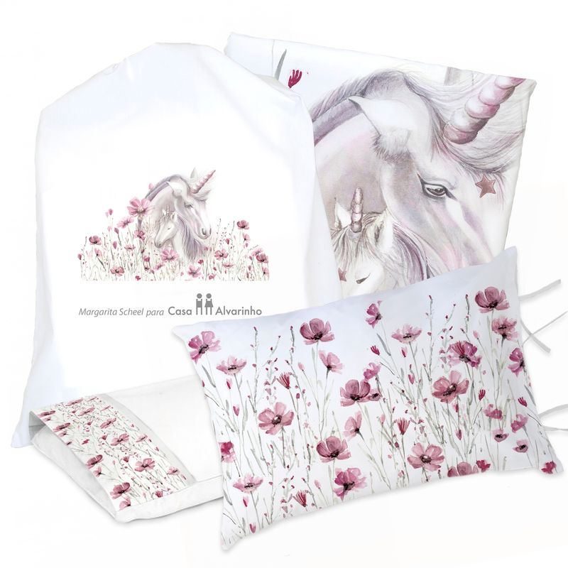 MARGARITA SCHEEL BY CASA ALVARINHO - JUEGO DE CAMA FUNDA DE PLUMÓN + SABANA BAJERA +2 FUNDAS ALMOHADA UNICORNIO 1,5 PLAZAS